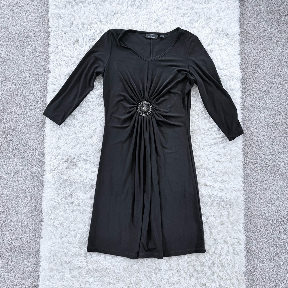 Lennie for Nina Leonard Black Ruched Dress 3/4 Sleeve Embellished V-Neck Size S